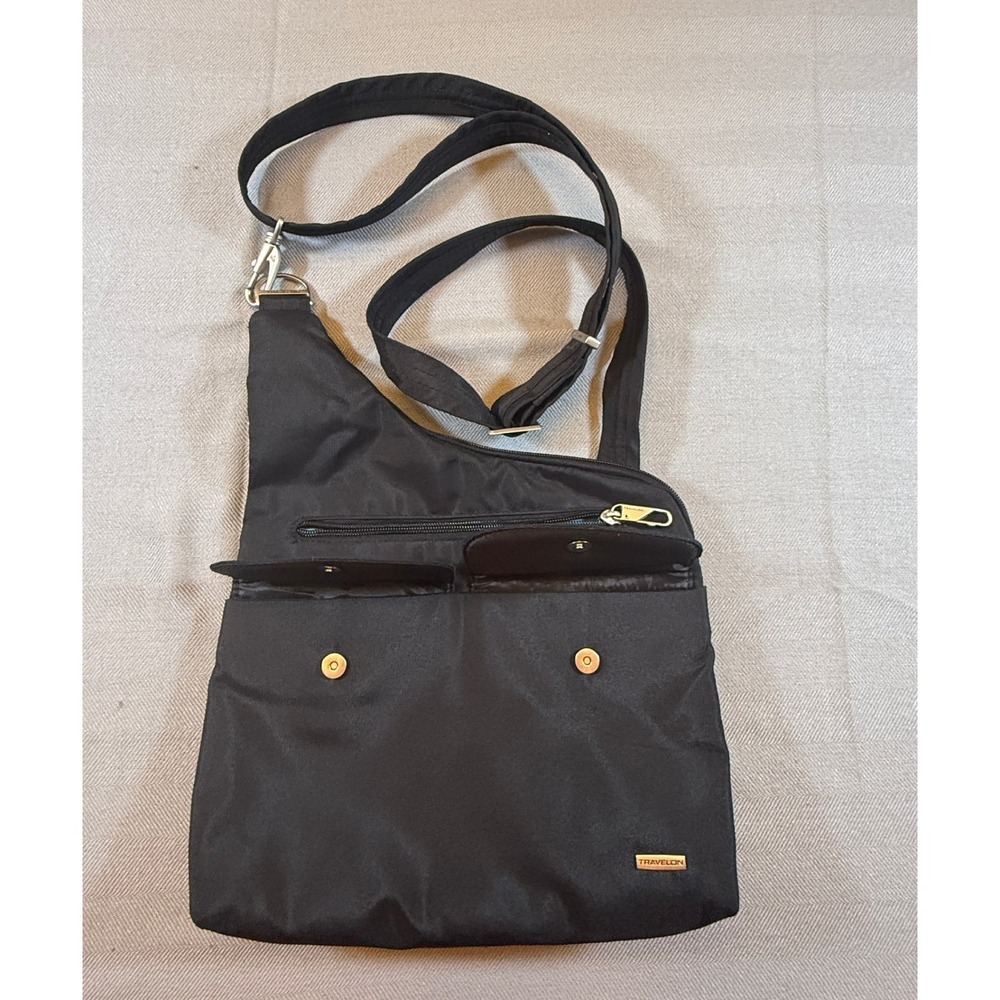 Travelon Anti-Theft Crossbody Bag Black Nylon Teal Lining Adjustable Strap Slim - Picture 4 of 8